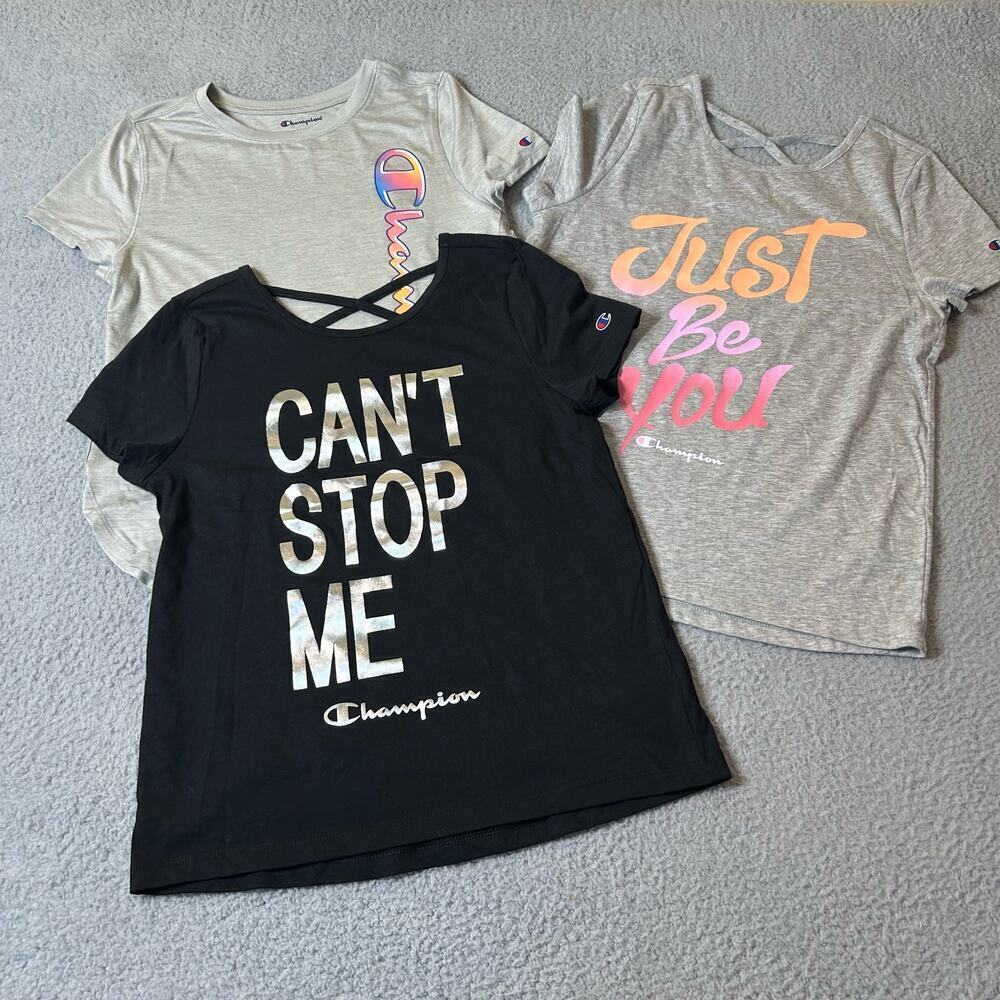 Champion 3 Piece Tee Girl 14/16 Gray Black Short Sleeve Graphic Print Shirt NEW